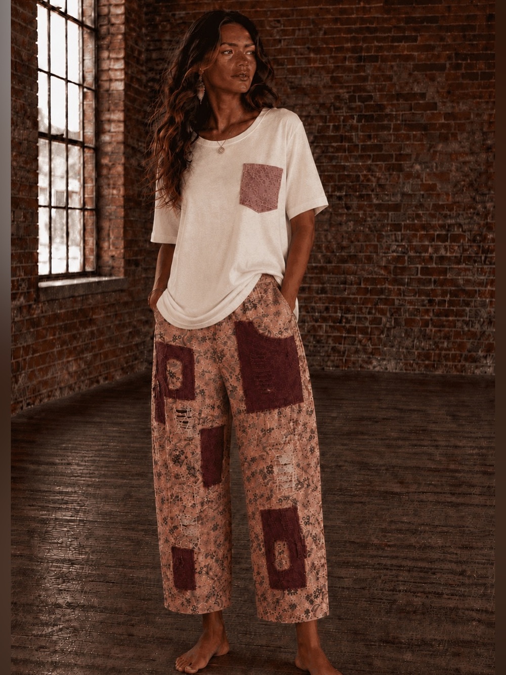 Blue Velvet Pink Floral Patchwork Jeans with Burgundy Patches